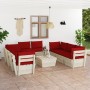 Set Divani da Giardino su Pallet 9 pz con Cuscini Legno Abete