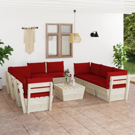 Set Divani da Giardino su Pallet 9 pz con Cuscini Legno Abete