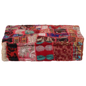 Pouf Patchwork in Cotone Fatto a Mano Quadrato 50x50x12cm Rosso