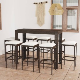 Set da Bar da Giardino 9 pz con Cuscini in Polyrattan Marrone