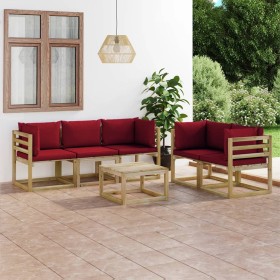 Set Salotto da Giardino 6 pz con Cuscini Rosso Vino