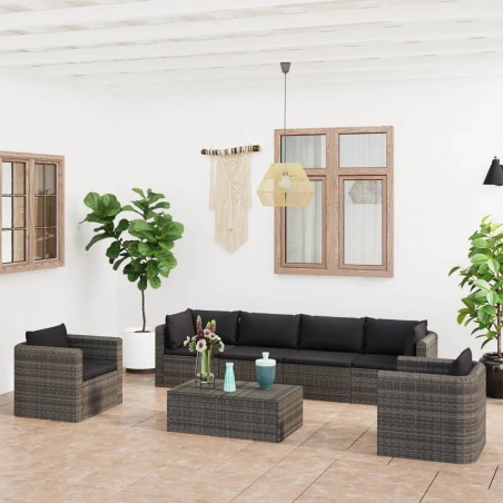 Set Divani da Giardino 7 pz con Cuscini in Polyrattan Grigio