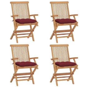 Sedie Giardino con Cuscini Rosso Vino 4 pz Legno Massello Teak