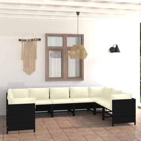 Set Divani da Giardino 9 pz con Cuscini in Polyrattan Nero