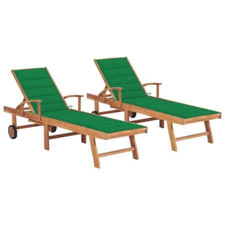 Lettini Prendisole 2 pz con Cuscino Verde in Legno di Teak