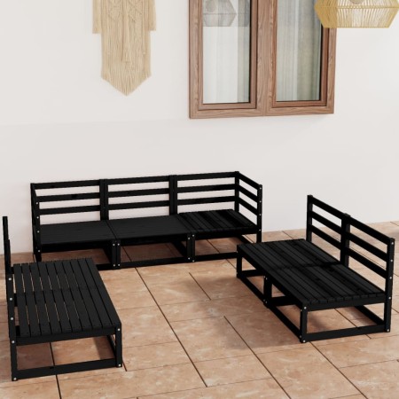 Set Divani da Giardino 7 pz Nero in Legno Massello di Pino