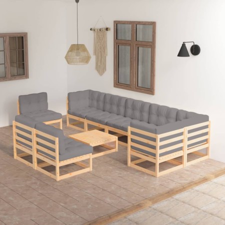 Set Salotto Giardino 10pz Cuscini Antracite Legno Massello Pino