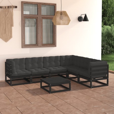 Set Divani da Giardino 7 pz con Cuscini Massello di Pino Nero