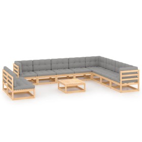 Set Divani Giardino 11 pz con Cuscini in Legno Massello di Pino