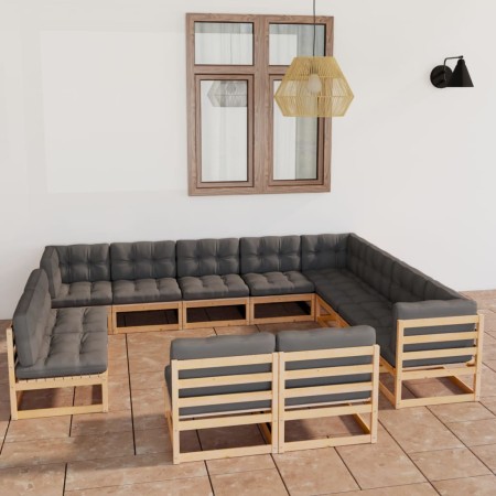 Set Divani Giardino 12 pz con Cuscini in Legno Massello di Pino