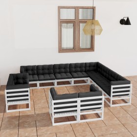 Set Divani da Giardino 12 pz Cuscini Bianchi Massello di Pino