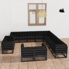 Set Divani da Giardino 13 pz con Cuscini Massello di Pino Nero