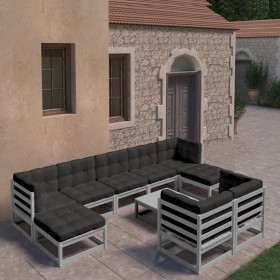 Set Divani da Giardino 10pz con Cuscini Grigio Massello di Pino