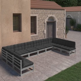 Set Divani da Giardino 10pz con Cuscini Grigio Massello di Pino