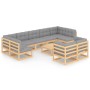 Set Salotto Giardino 10pz Cuscini Antracite Legno Massello Pino