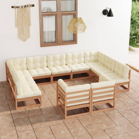 Set Divani Giardino 11pz Cuscini Marrone Miele in Pino Massello