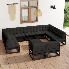 Set Divani da Giardino 12 pz con Cuscini Massello di Pino Nero