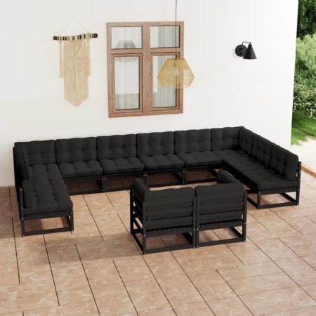 Set Divani da Giardino 12 pz con Cuscini Massello di Pino Nero