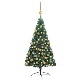 Albero di Natale a Metà Preilluminato con Palline Verde 180 cm