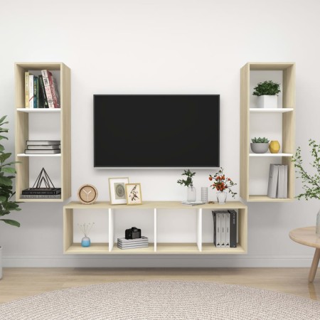 Set Porta TV 3 pz Bianco e Rovere Sonoma in Truciolato