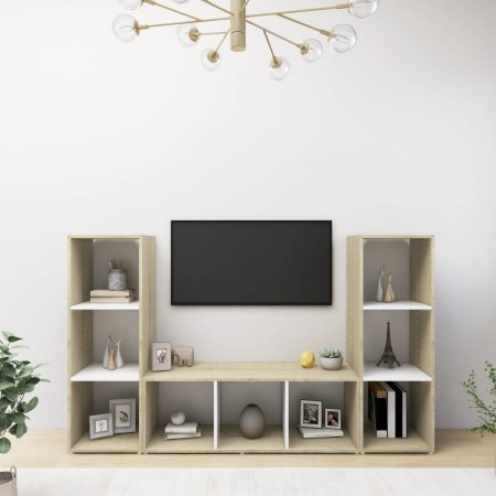 Mobili TV 3 pz Bianco e Sonoma 107x35x37cm in Legno Multistrato