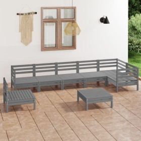 Set Salotto da Giardino 8 pz in Legno Massello di Pino Grigio