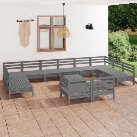 Set Salotto da Giardino 13 pz in Legno Massello di Pino Grigio