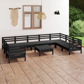 Set Salotto da Giardino 10 pz Nero in Legno Massello di Pino