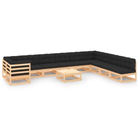 Set Salotto Giardino 11pz Cuscini Antracite Legno Massello Pino