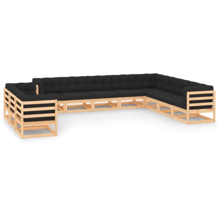 Set Salotto Giardino 11pz Cuscini Antracite Legno Massello Pino