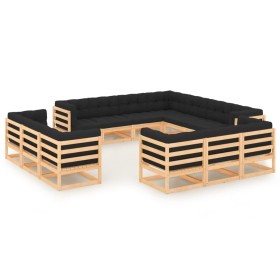 Set Salotto Giardino 13pz Cuscini Antracite Legno Massello Pino