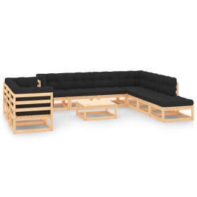 Set Salotto Giardino 11pz Cuscini Antracite Legno Massello Pino