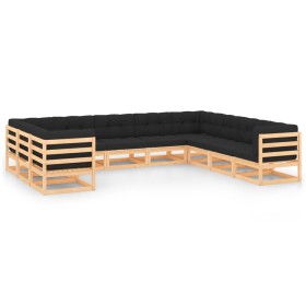 Set Salotto Giardino 10pz Cuscini Antracite Legno Massello Pino