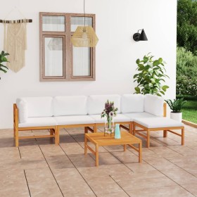 Set Divani da Giardino 6pz Cuscini Crema Legno Massello di Teak