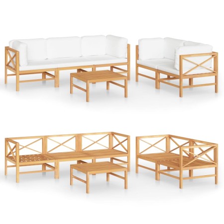 Set Divani da Giardino 6 pz Cuscini Crema in Legno Massello di Teak