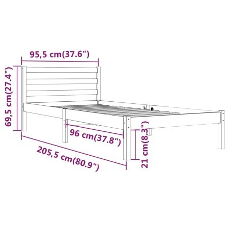 Telaio Letto in Legno Massello di Pino 90x200 cm Nero