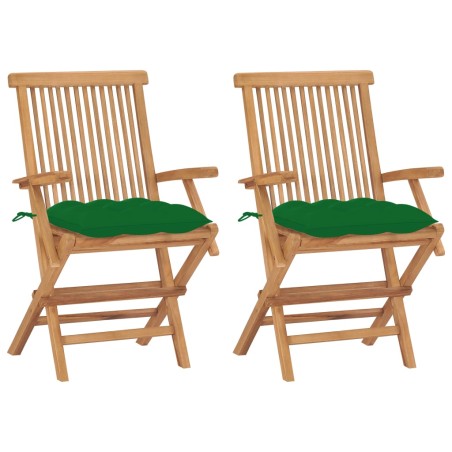 Sedie da Giardino 2 pz con Cuscini Verdi Legno Massello di Teak