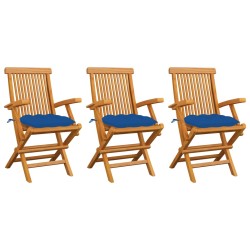 Sedie da Giardino con Cuscini Blu 3 pz Legno Massello di Teak