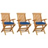 Sedie da Giardino con Cuscini Blu 3 pz Legno Massello di Teak