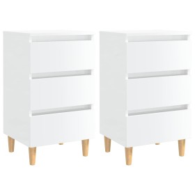 Comodini con Gambe in Legno 2pz Bianco Lucido 40x35x69 cm