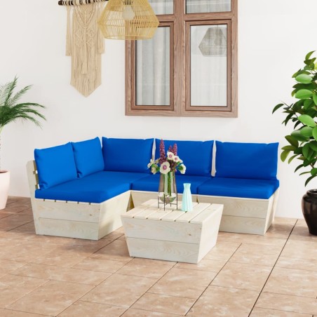 Set Divani da Giardino su Pallet 5 pz con Cuscini Legno Abete