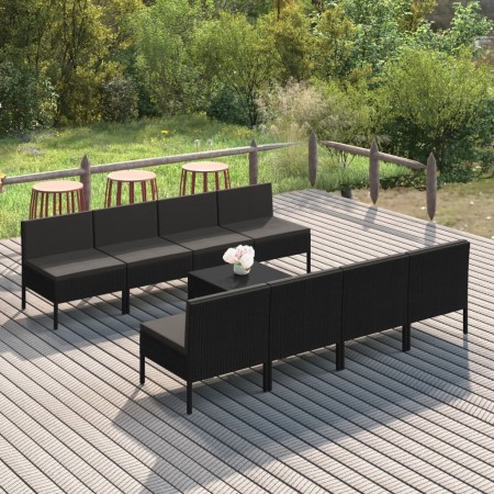 Set Divani da Giardino 9 pz con Cuscini in Polyrattan Nero