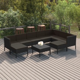 Set Divani da Giardino 10 pz con Cuscini in Polyrattan Nero