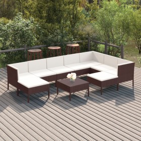 Set Divani da Giardino 10 pz con Cuscini in Polyrattan Marrone