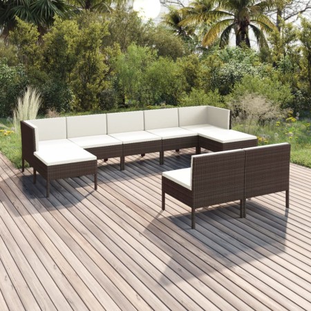 Set Divani da Giardino 9 pz con Cuscini in Polyrattan Marrone