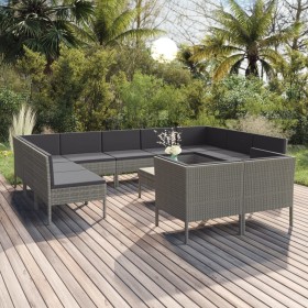 Set Divani da Giardino 12 pz con Cuscini in Polyrattan Grigio