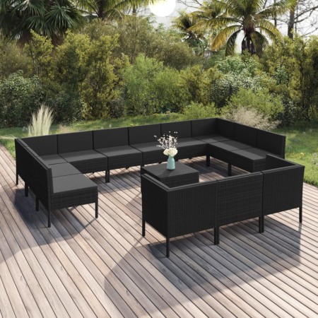 Set Divani da Giardino 14 pz con Cuscini in Polyrattan Nero