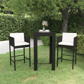 Set Bar da Giardino 3 pz con Cuscini Polyrattan Nero