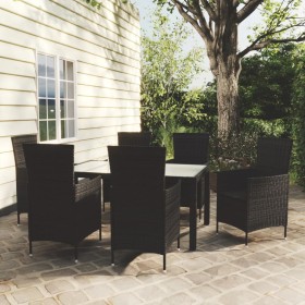 Set da Pranzo da Giardino 7 pz con Cuscini in Polyrattan Nero