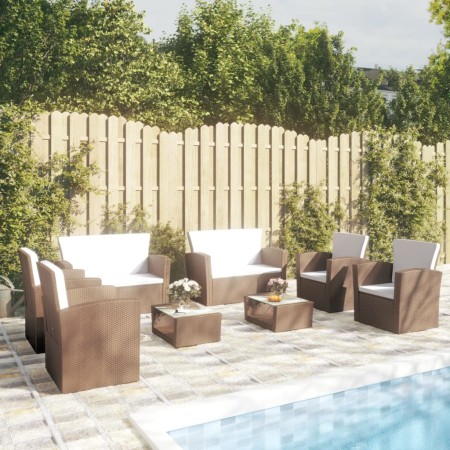 Set Divani da Giardino 8 pz con Cuscini in Polyrattan Marrone